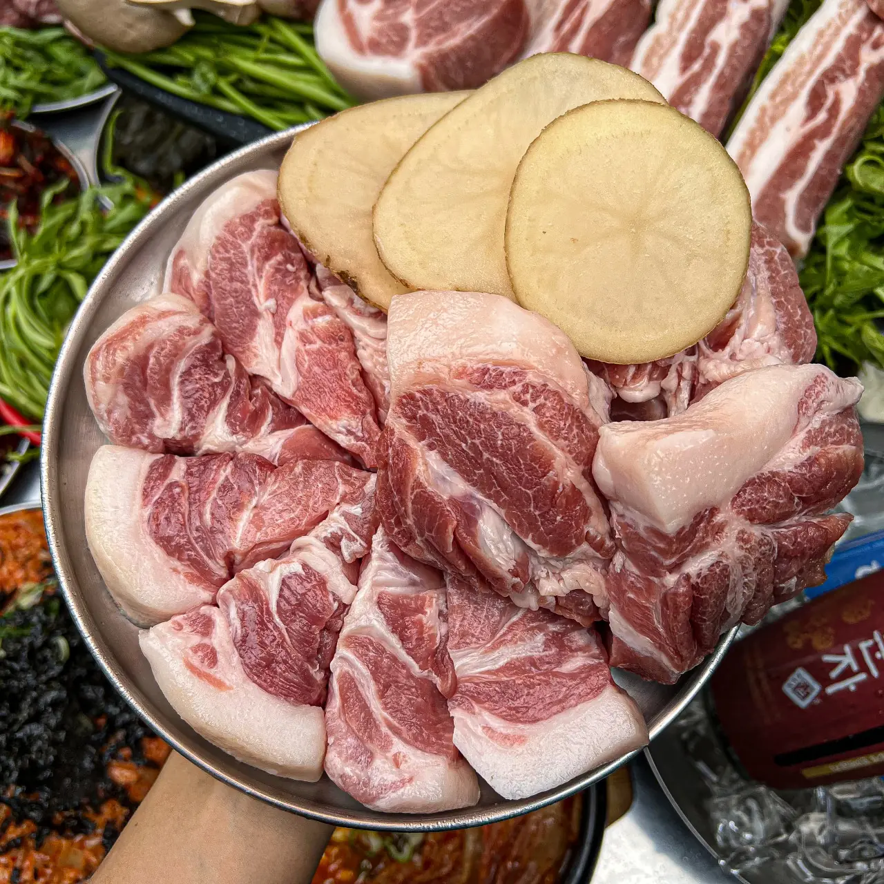 숙성 돼지고기 모둠과 감자 — Kim Sukseong Hongdae, aged-meat Korean BBQ at a Hongdae restaurant in Seoul (홍대 맛집)