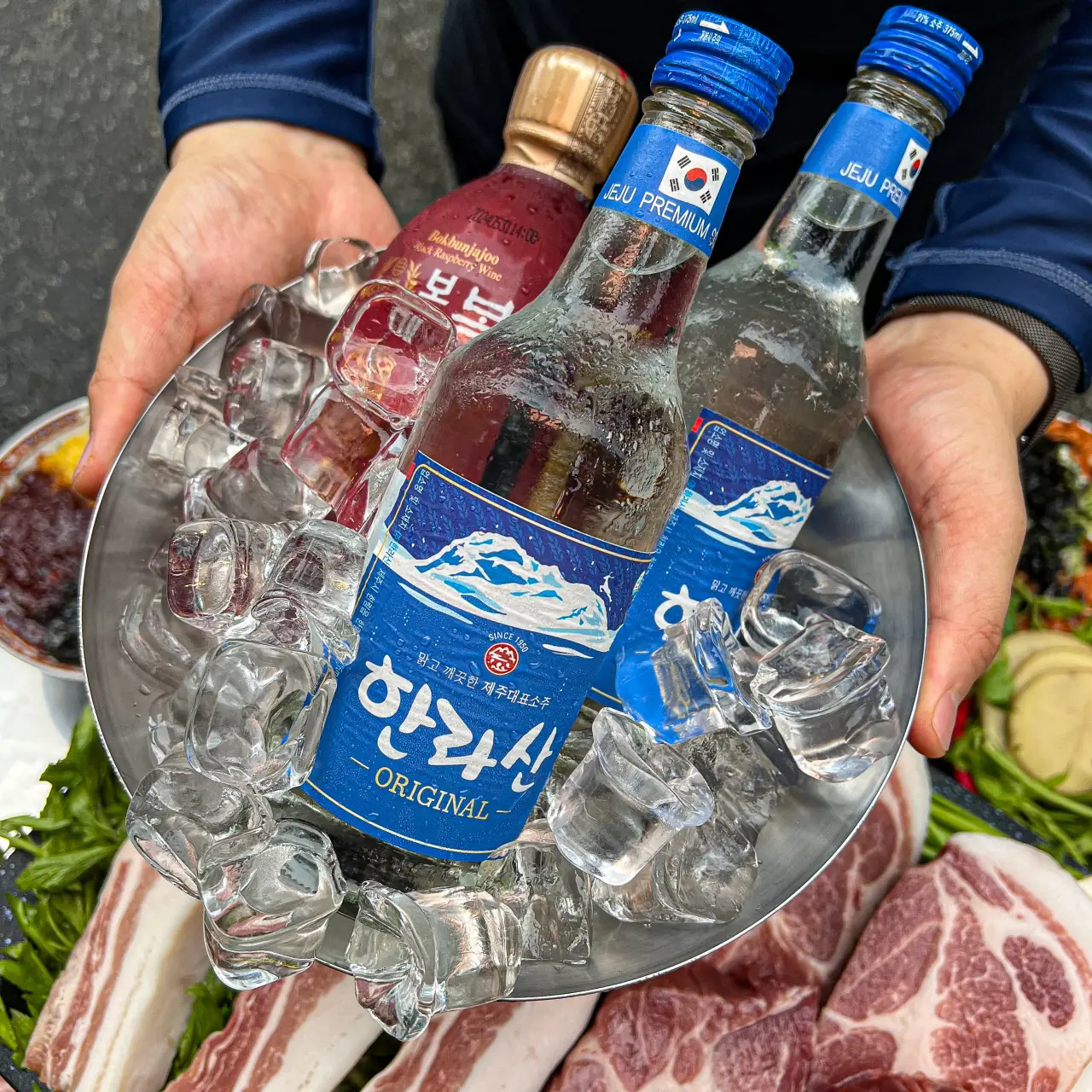 얼음에 담긴 소주와 복분자주 — inside Kim Sukseong Hongdae, a retro Korean BBQ Hongdae restaurant open until 2 AM